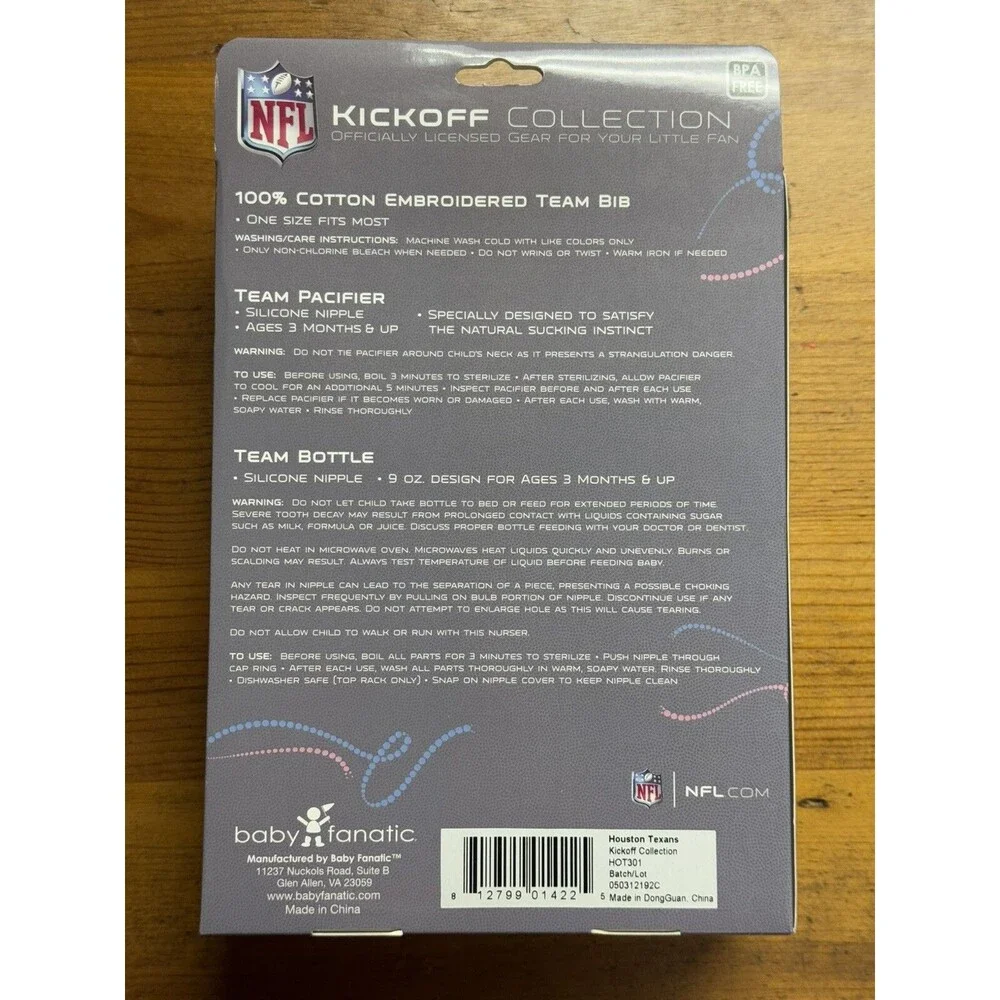 NFL Kickoff Collection Texans Bib, Pacifier & Bottle Offically Licensed